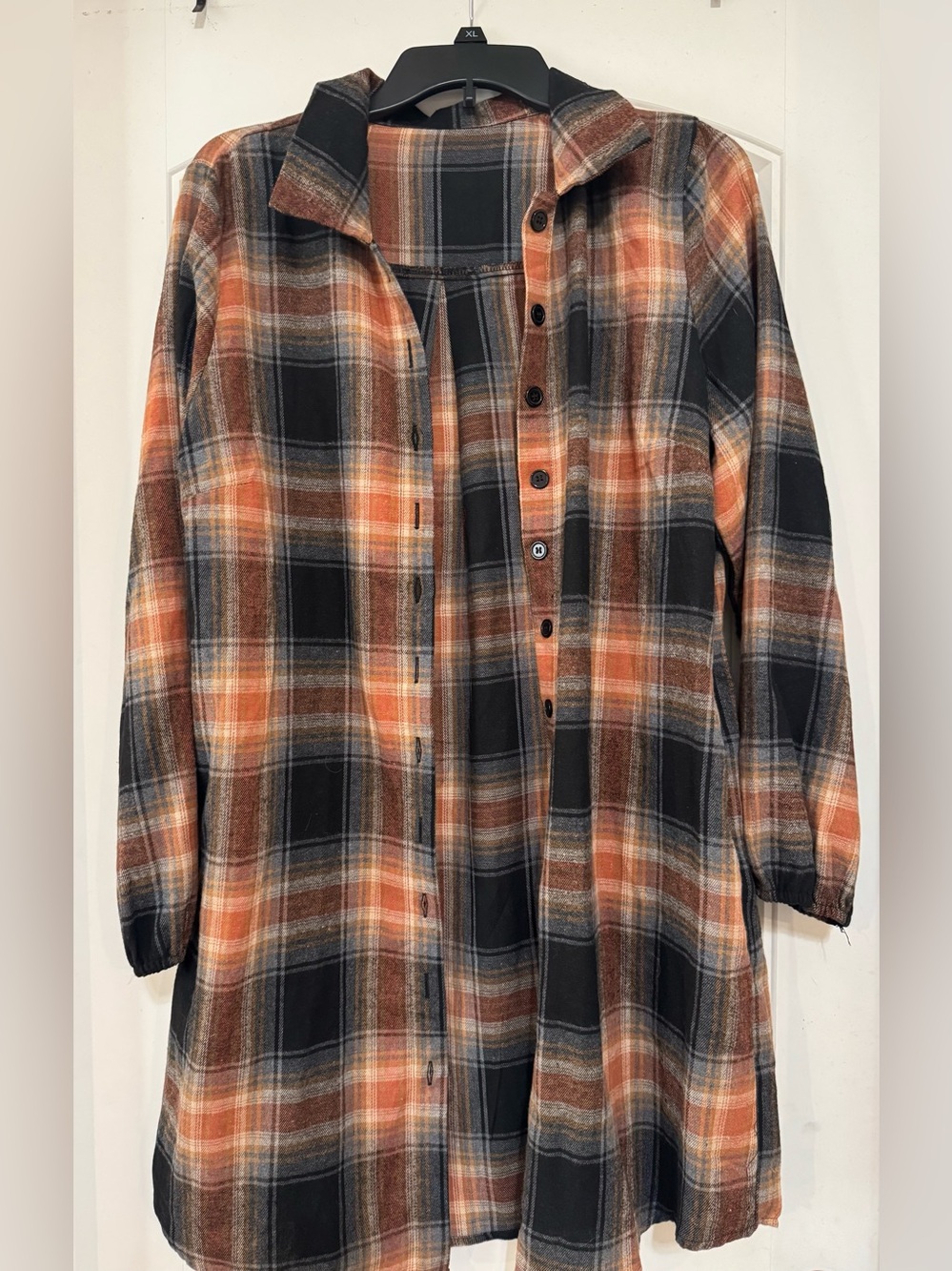 Women’s Orange and Black Long Plaid Button-Up Shirt